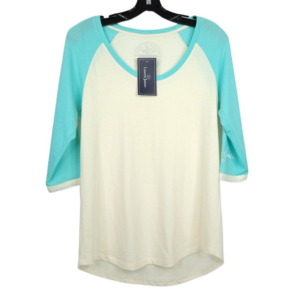 Lauren James Baseball Tee NEW TShirt Top Women Size S White Blue 3/4 Sleeve